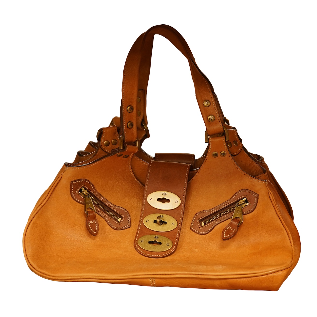 A Mulberry tote two zip, three postman clasps,tan leather with dark brown trim.handbag